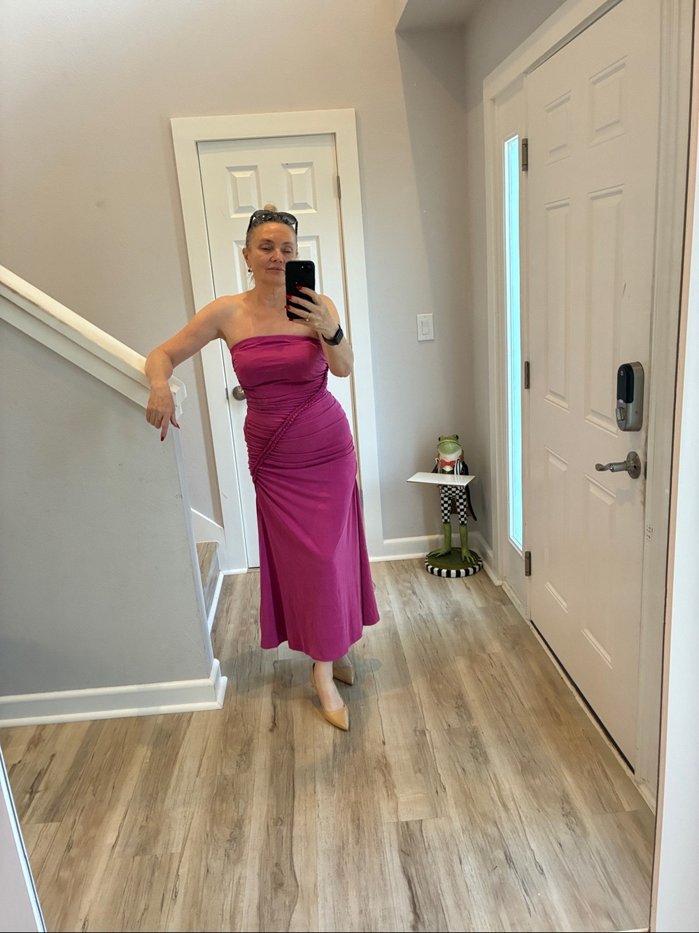 Anthropologie Strapless Ruched Midi Dress in Fuchsia